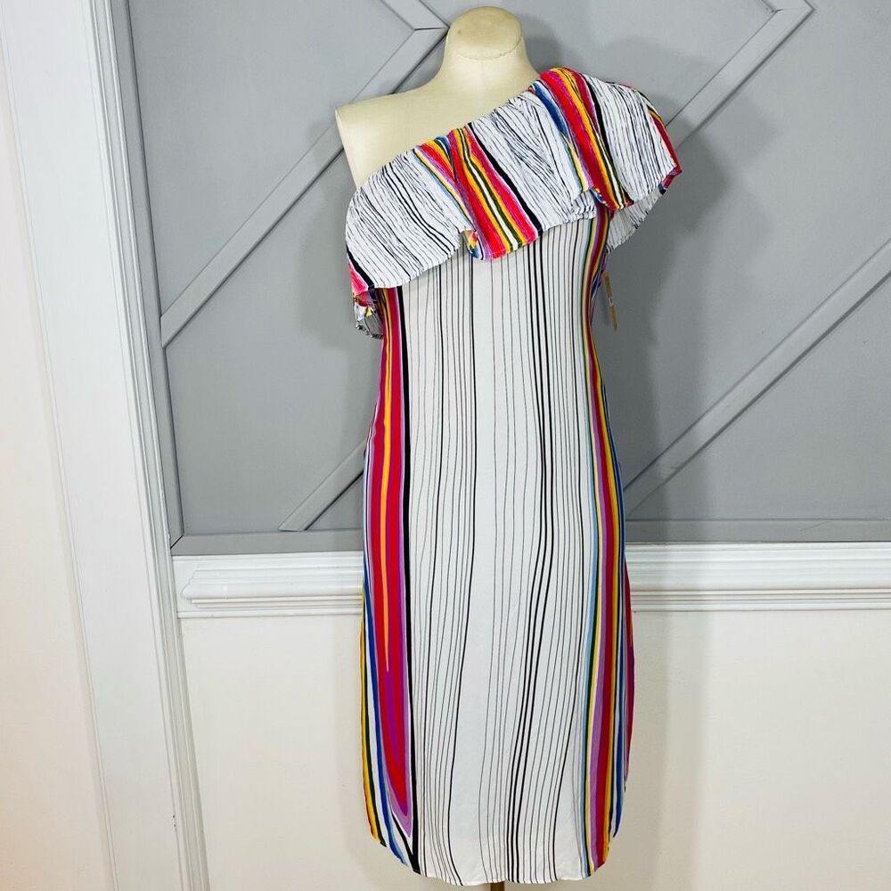 New Rachel Roy Womens Rainbow Striped One Shoulder Dress Women’s Size S - Picture 2 of 13